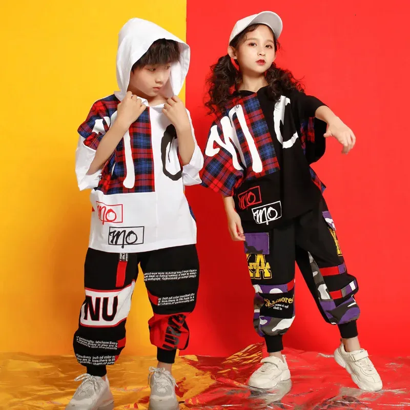 Children Sets Stage Dance Clothing Boys Girls Streetwear Hip Hop Sport Short Sleeve Hooded Tshirt Cargo Pant Kids Tracksuit 240226
