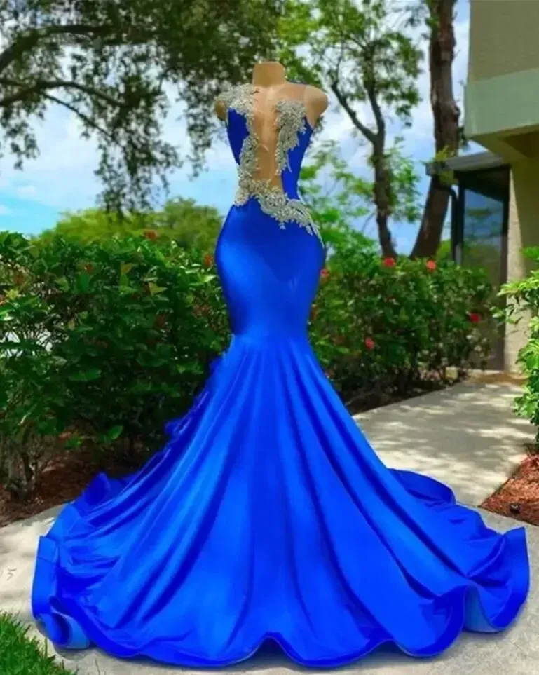 Blue Royal Sheer Crew Neck Long Mermaid Prom Dresses Black Girls Appliques Birthday Party Backless aftonklänningar Robe de Bal