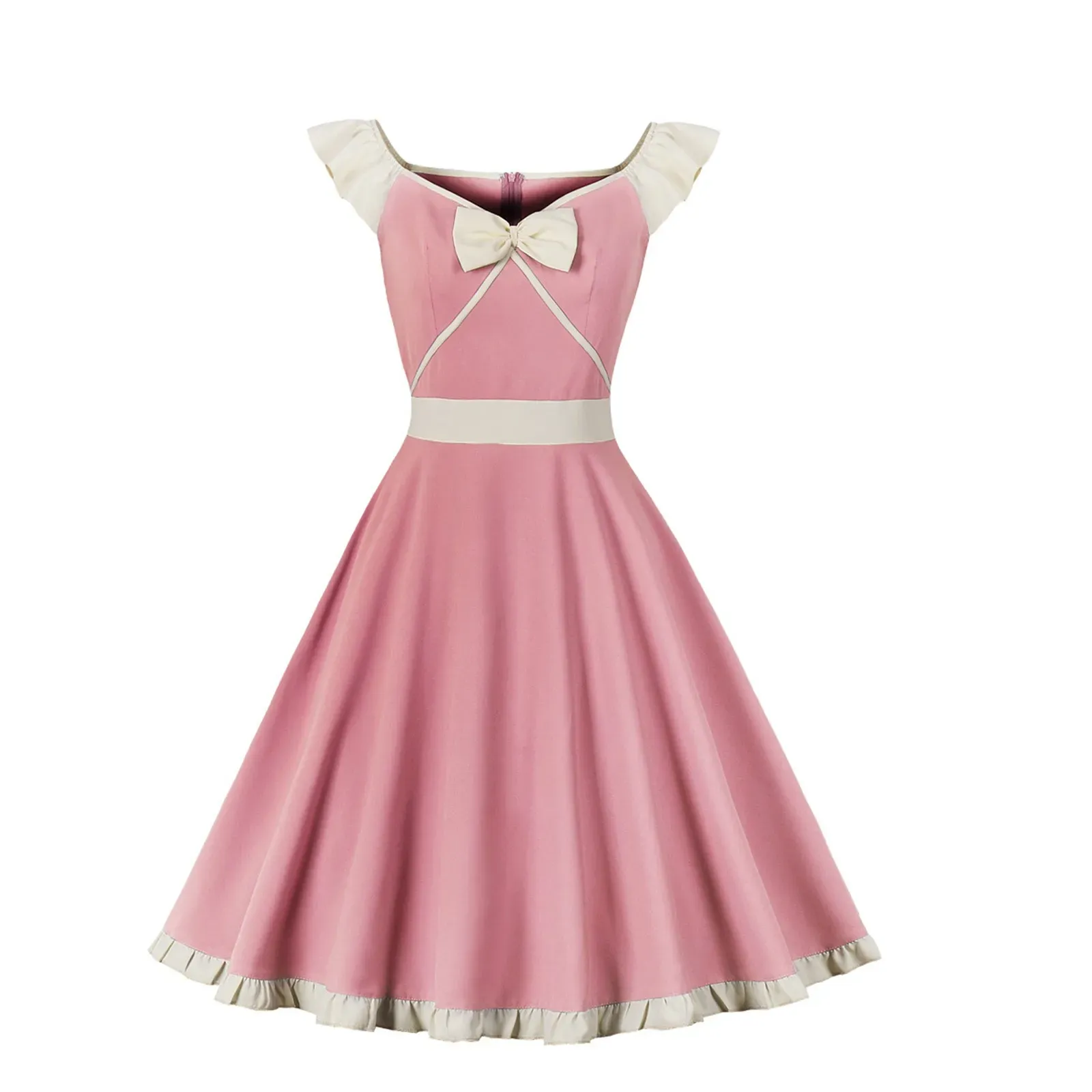 Vestido estilo doce vestido rosa feminino retrô palácio cintura alta manga voadora vestidos longos femininos de poliéster macio vestido de coquetel com laço