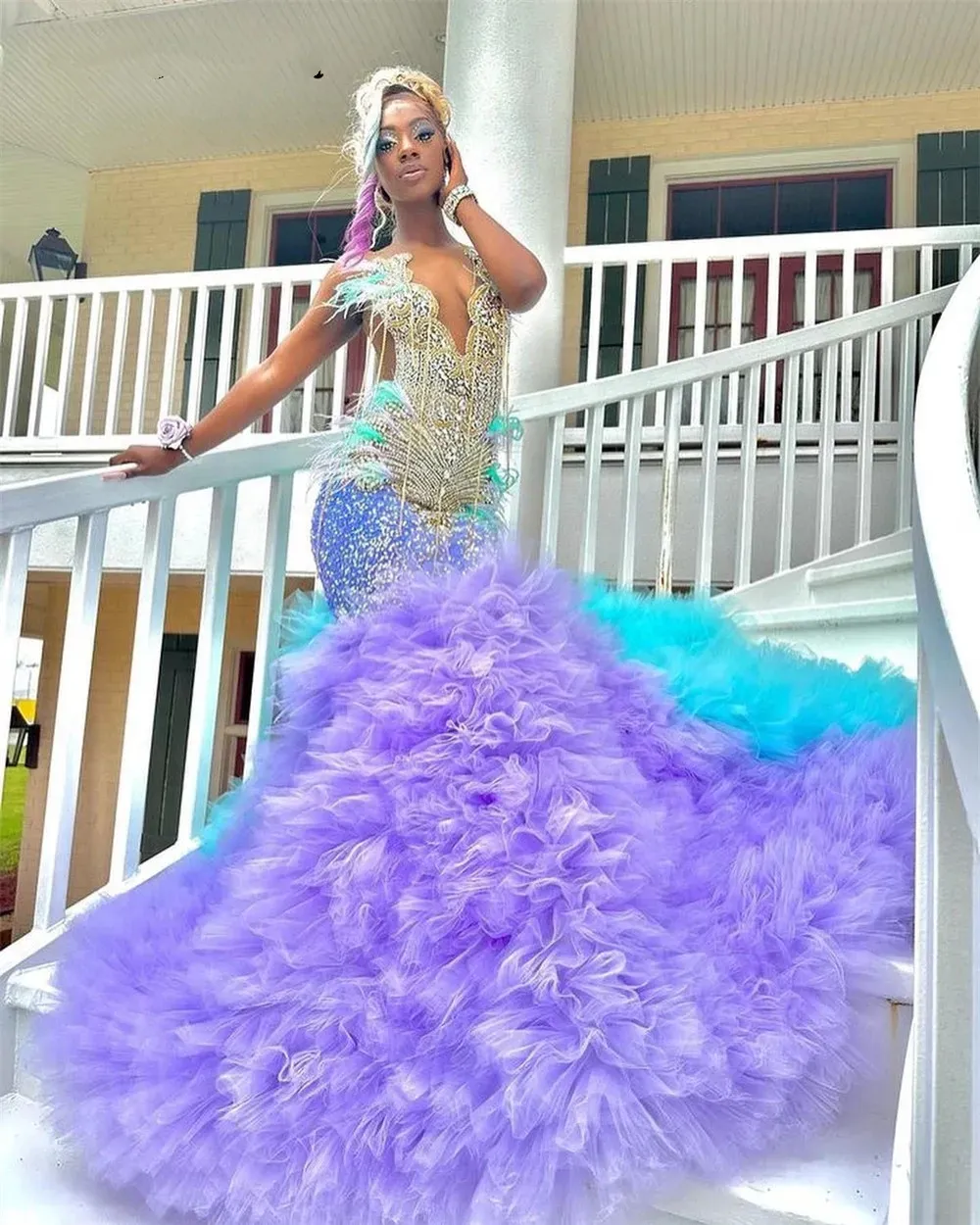 Lake Blue Elegant and Purple Prom Dresses Feathers Tulle Ruched Crystal Beading Mermaid 형식 Eevning Ocn 가운 흑인 소녀