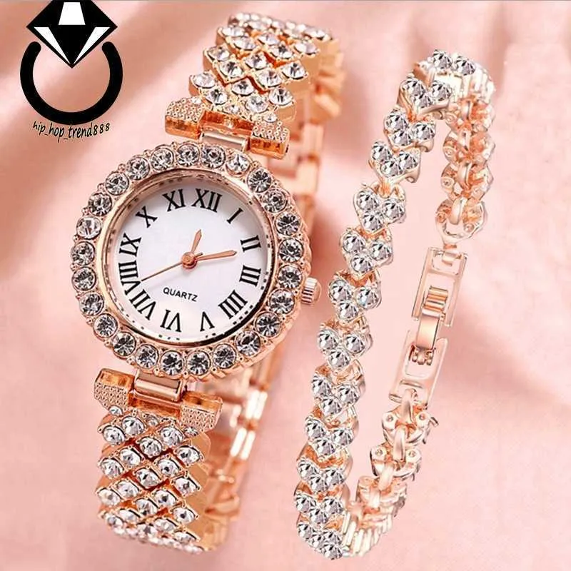 Gorące luksusowe kobiety Rose Gold Watch Fashion Ladies Quartz Diamond Na rękę Eleganckie żeńskie bransoletki zegarki Zestaw Mujer