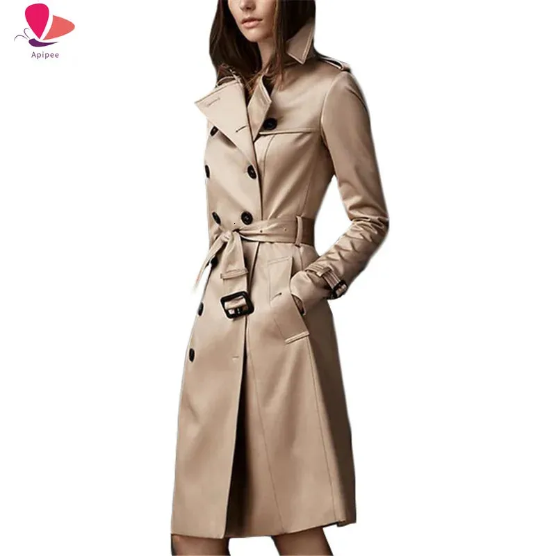 Trench Coat femmes 2024 automne kaki noir et vin rouge S-2XL Double boutonnage Long coupe-vent mince Feminina 240307