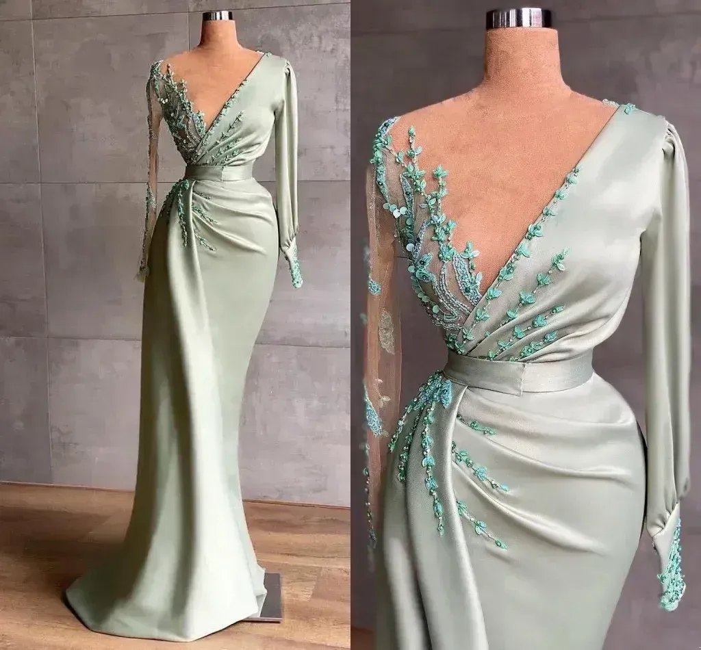 Sukienki wieczorowe Eleganckie skromne długie rękawy Sheer Szyjka Koraliki Długość podłogi formalne OCN noszą Vestidos de BC9866