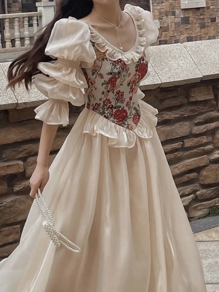 Vintage Elegant Print Floral Dress Women Autumn O-neck Casual Evening Party Midi Dress Female Puff Sleeve Korea Fairy Dress 240307