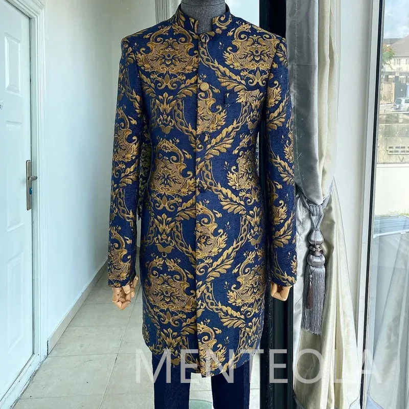 Suits Floral Jacquard Long Men Suits Coat With Navy Blue Pants 2023 2 Piece Stand Collar Wedding Tuxedo For Groom Indian Man Fashion