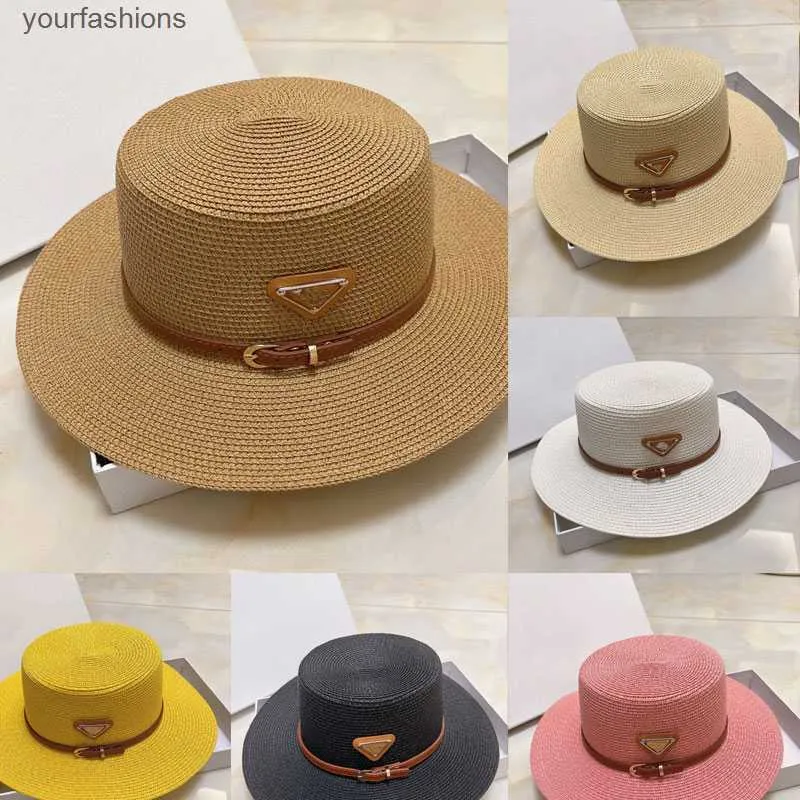 Womens New Correct Version P Straw Classic Flat Top Hat High Quality Mens and Womens Same Triangle Sun Visor