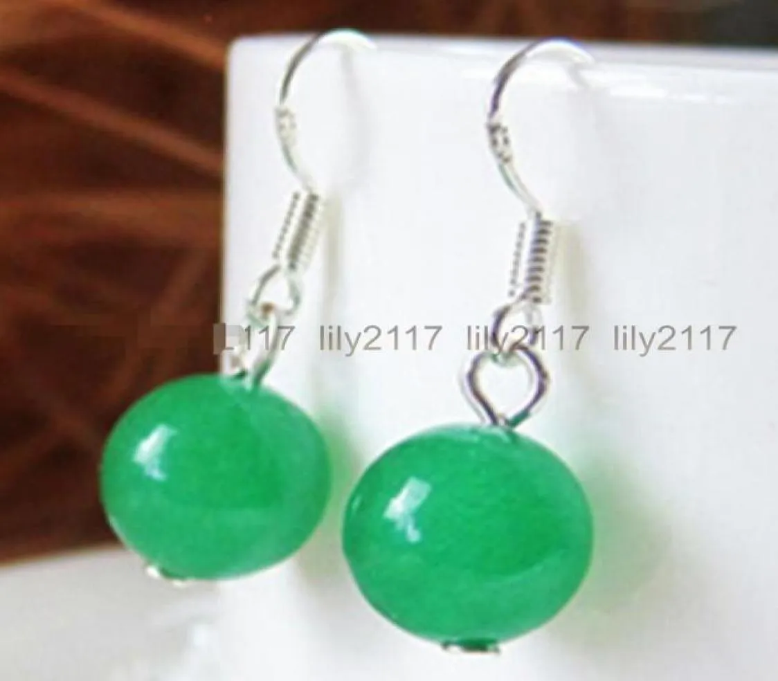 Mooie handgemaakte 12 mm groene jade ronde kralen bengelen zilveren oorbellen sieraden4653030