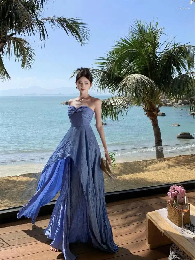 Casual Dresses 2024 Women Blue Elegant Birthday Party Pleated Strapless Dress Summer Female Off Shoulder Backless Irregular Evening Long