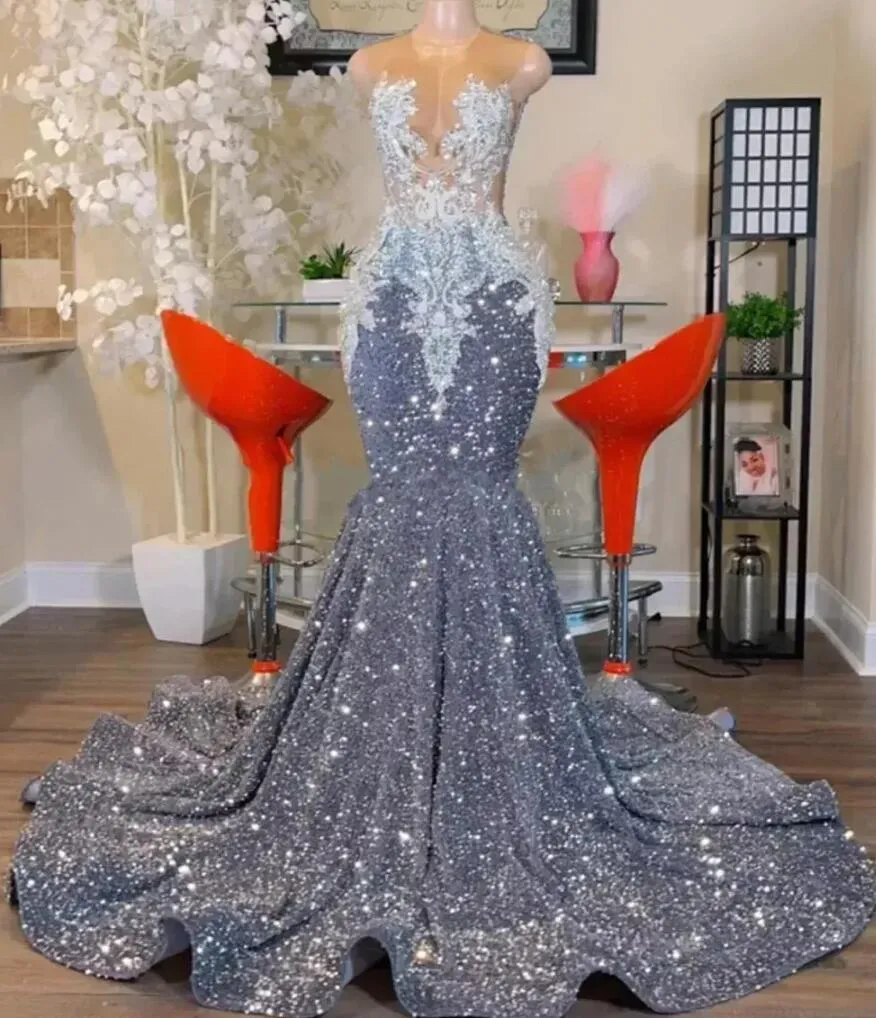 Glitter Grey Sequin Mermaid Prom Dresses Luxury O Neck Lace Appliques Plus Size Birthday Party Gowns For Arabic Women Custom Made 2024 BC15713