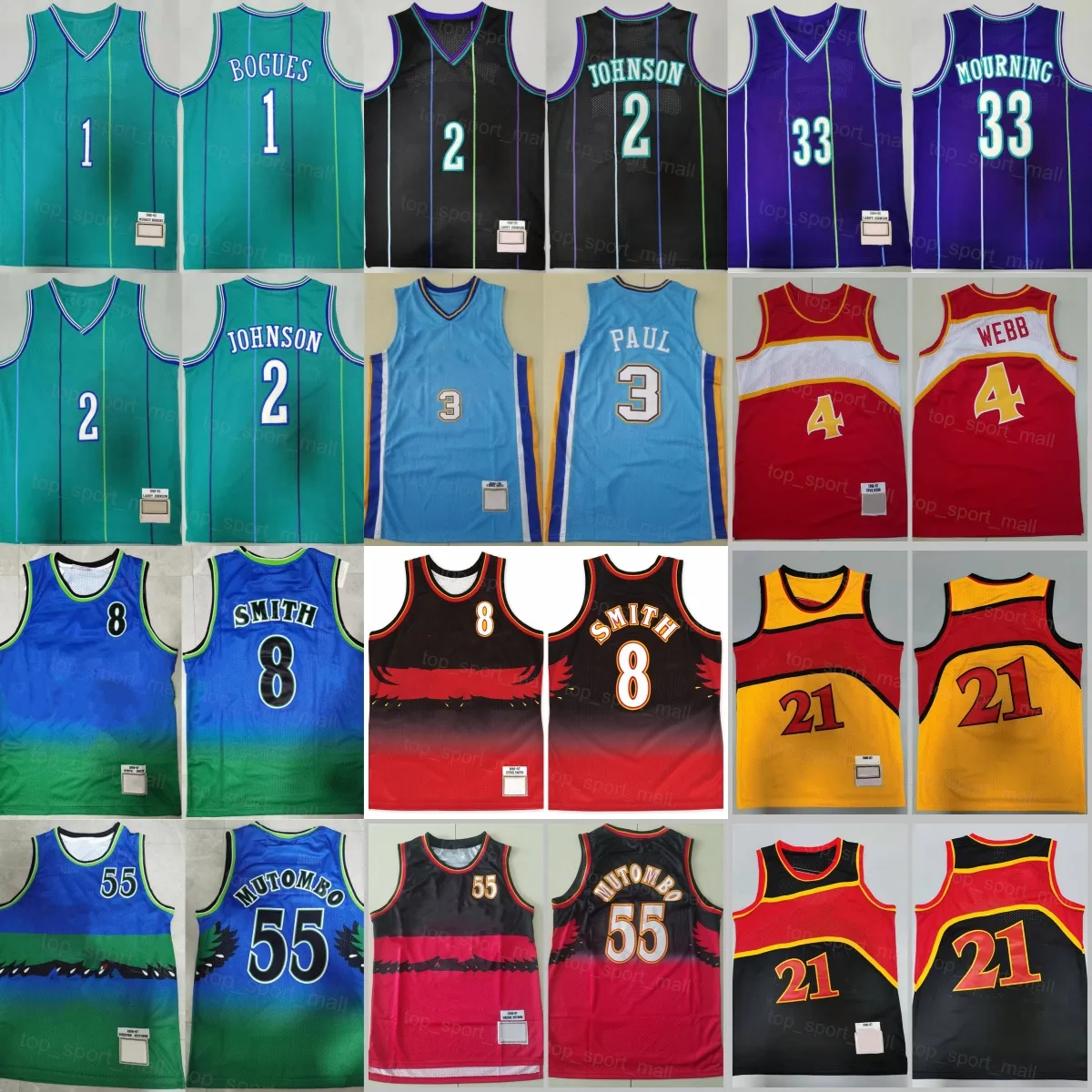 Retro Basketbol Steve Smith Jersey 8 Chris Paul 3 Spud Webb 4 Dikembe Mutombo 55 Tyrone Muggsy Bogues 1 Larry Johnson 2 Alonzo Mourning Mor Yeşil Gerileme