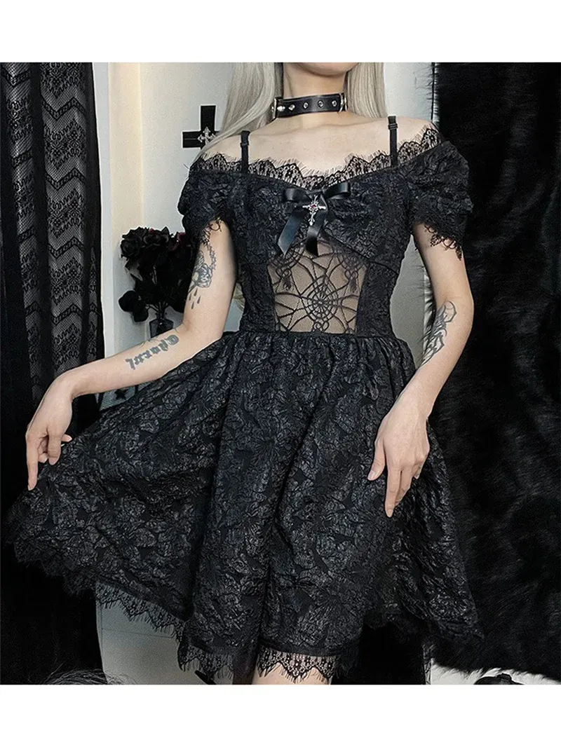 Vestido feminino vestido gótico de Halloween, manga curta bufante ombro de fora renda cor sólida vestido retrô de festa em clube, preto/branco