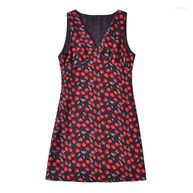 Vestidos casuales Yenkye French Retro Cherry Print Summer Tank Vestido Mujeres Sin mangas V Cuello A-Line Short Holiday Robe