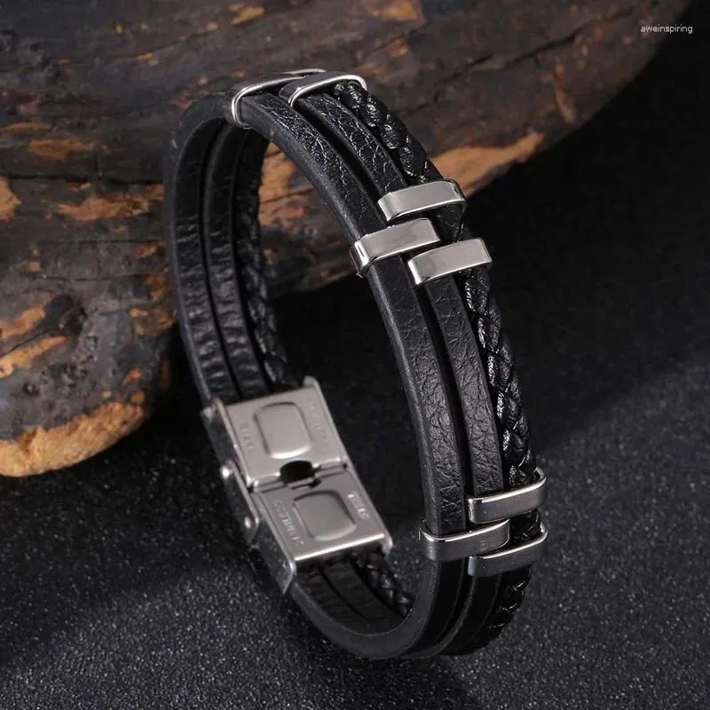 Braccialetti con ciondoli Moda Nero a tre strati Cuciture Bracciale in pelle in acciaio inossidabile Uomo Gioielli da polso Bracciale maschile Amico Regalo PS1220