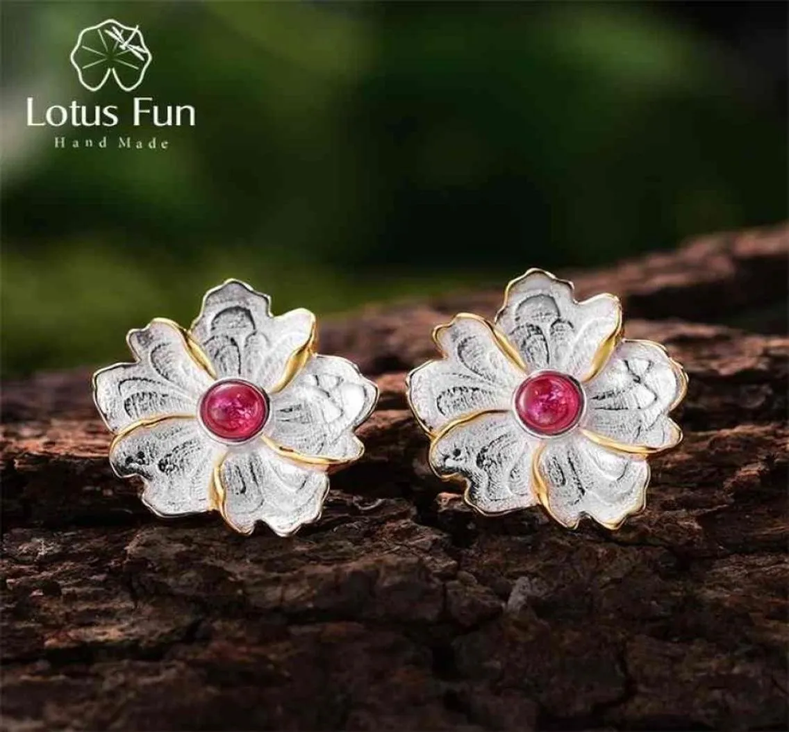 Lotus Fun Real 925 Srebrne kolczyki Naturalny kamień szlachetny oryginalny ręcznie robiony biżuteria Peony Flower Stud dla kobiet 2106187049683