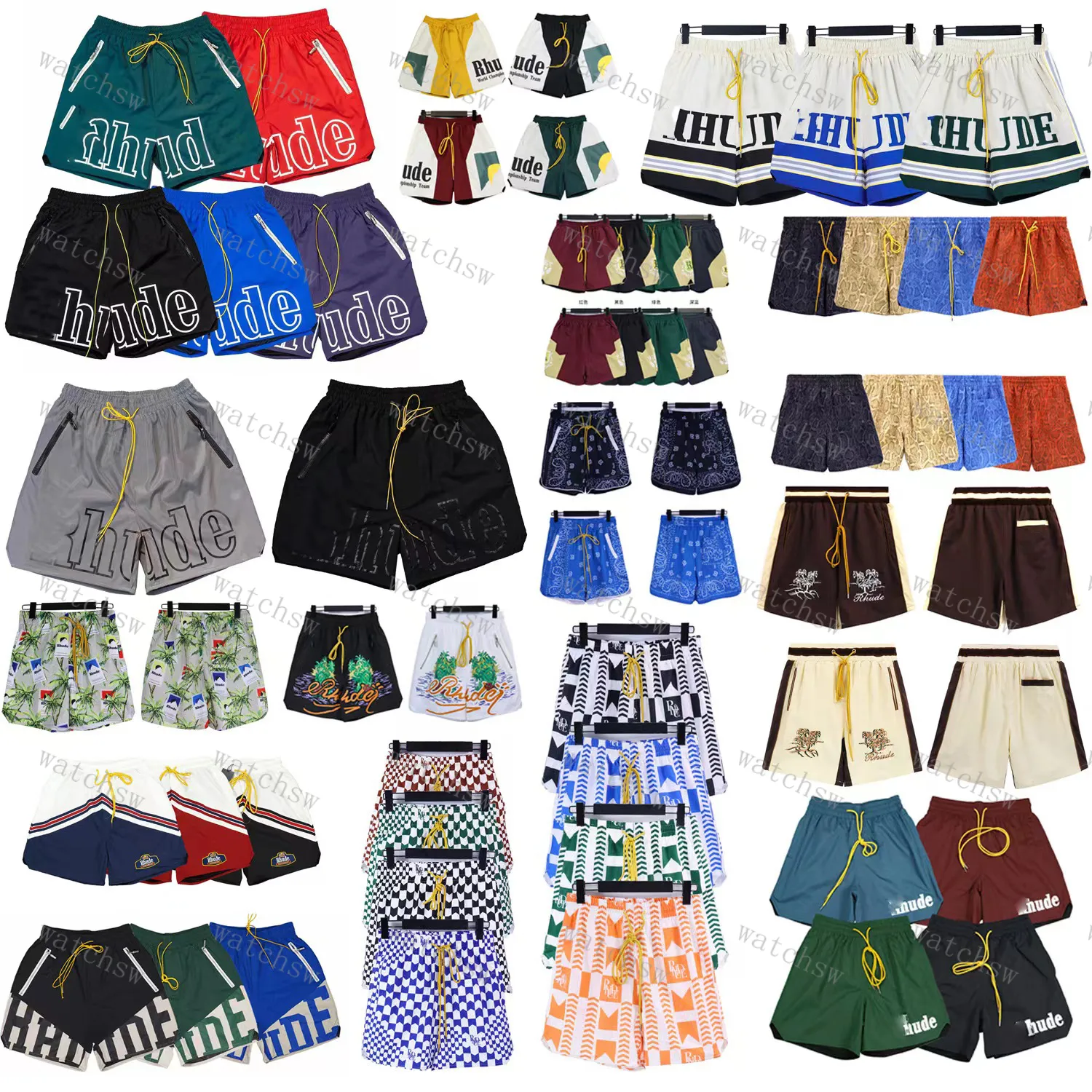 Rhude Herren-Shorts, luxuriös, sportlich, lässig, Netz-Shorts, Buchstaben-Druck, lässig, farblich passend, lockere Strandhose mit fünf Vierteln