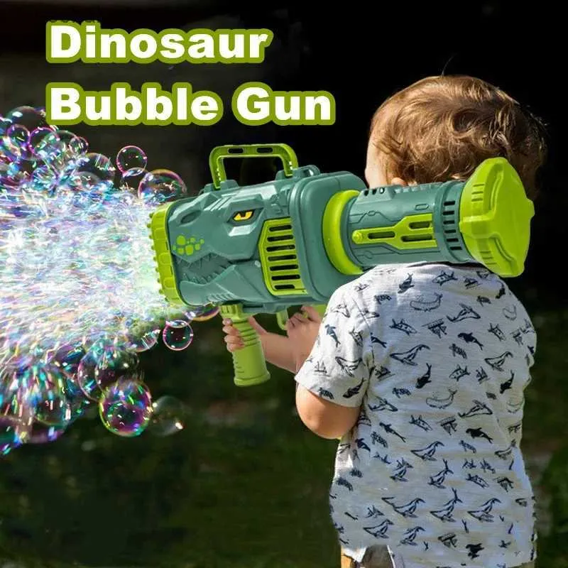 Giochi con la sabbia Divertimento in acqua Il più nuovo dinosauro Macchina per bolle giocattolo 32 fori Divertente elettrico automatico Bazooka Bubble Maker Pistola Festa all'aperto Giocattoli per bambini Regali L240307