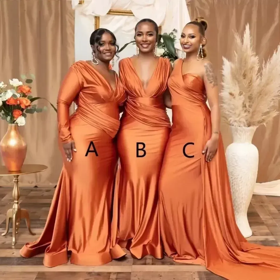 African Burnt Orange Mermaid Orange satin bridesmaid dresses - Sexy V Neck, Long Length for Summer Weddings, Nigeria Girls' Guest Gowns - Plus Size African Burnt Orange Mermaid Orange satin bridesmaid dresses - Sexy V Neck, Long Length for Summer Weddings, Nigeria Girls' Guest Gowns - Plus Size
