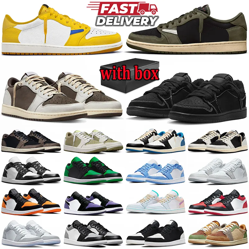 met doosontwerper 1 lage casual schoenen voor mannen dames sneakers 1s Canary reverse mocha zwarte phantom olive panda unc heren dames buiten sporttrainers