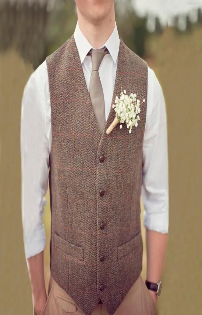 Country Brown Groom Vests for Wedding Wool HerringBone Tweed Custom Made Slim Fit Mens Suit Vest Farm Prom Dress Waistcoat Plus SI3346071