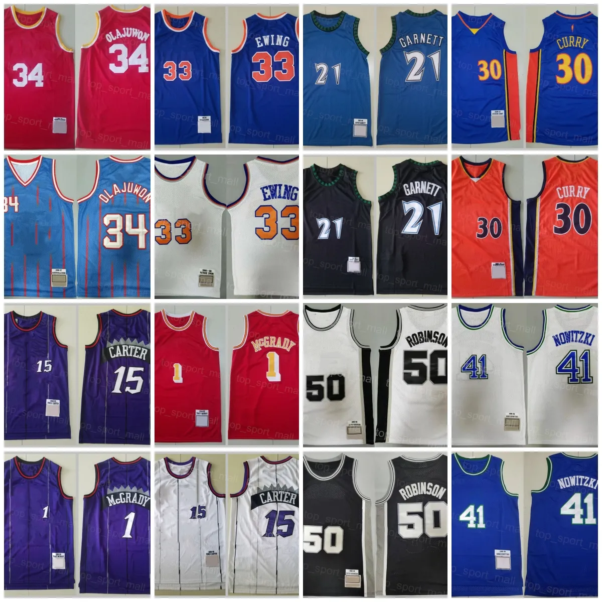 Retro baskettröjor Hakeem Olajuwon Kevin Garnett Patrick Ewing Stephen Curry Tracy McGrady Vince Carter David Robinson Nowitzki Vintage Athletic Wear