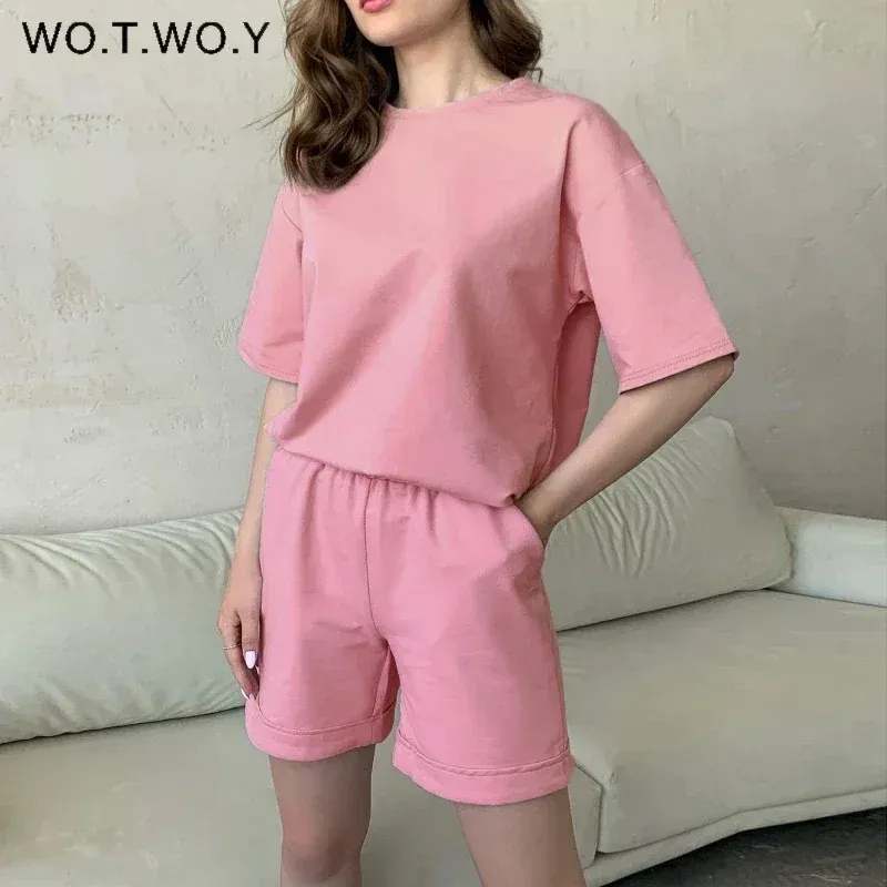 Sets WOTWOY Sommer Baumwolle Casual T-shirt und Shorts Zwei Stück Set Frauen Solide Lose Kurzarm T-shirts Elastische Taille Kurze Hosen