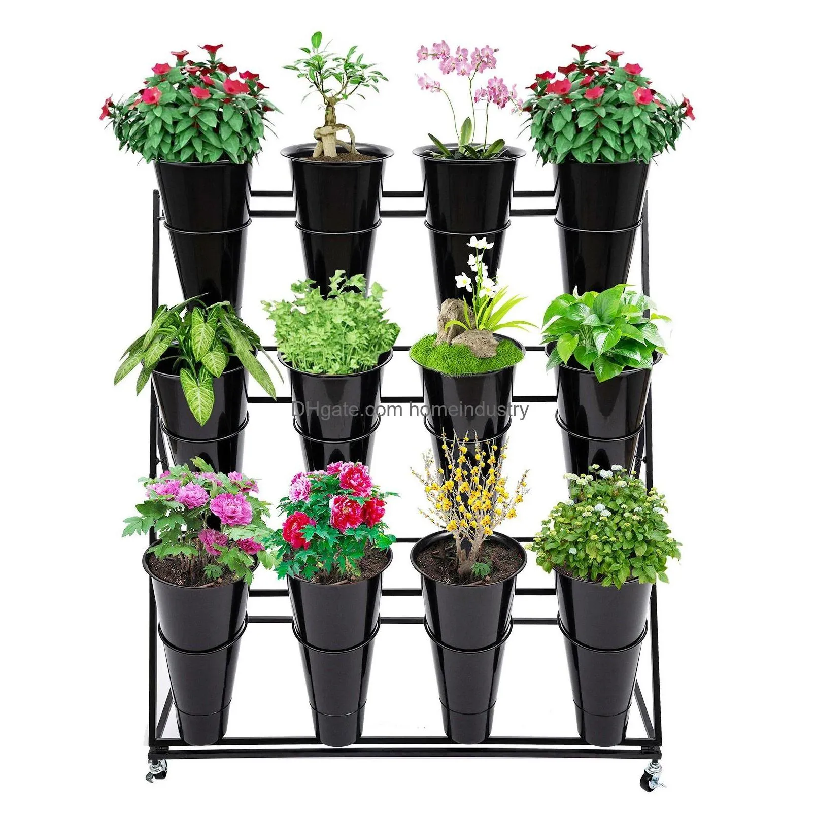 Storage Holders & Racks Black Flower Display Stand 12 X Buckets 3 Layers Metal Plant With Wheels 240109 Drop Delivery Home Garden Hous Dh7Jd