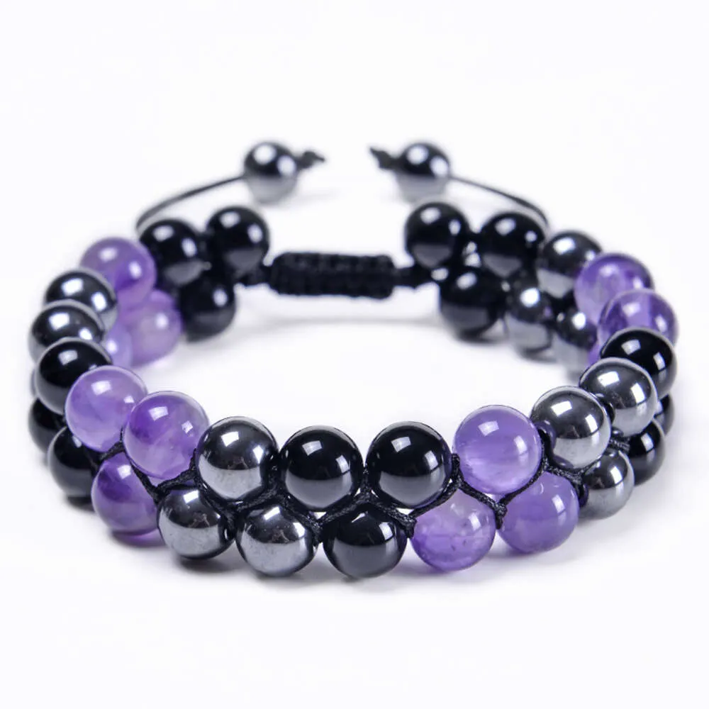 8 mm großes natürliches Amethyst-Doppelschicht-Armband mit verstellbarem schwarzem Magnetperlenarmband für Männer und Frauen