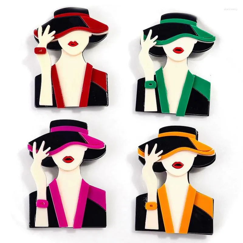 Brosches 4-färg Akryl Elegant Lady Wear Hat Brosch Pins Moderna flickor Figurmärken för kvinnors kontorsmycken Tillbehör