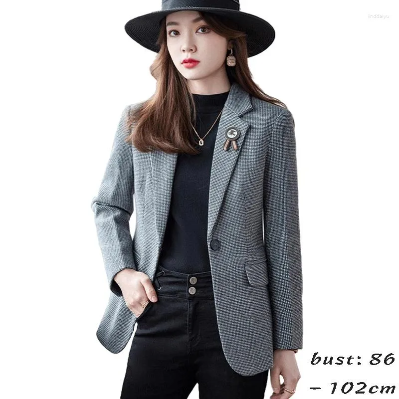 Women's Suits High Quality Blazer For Women Plaid Jacket Wool Blend Single Breasted Spring 2024 Elegant Fashion Clothes - Grey Brown