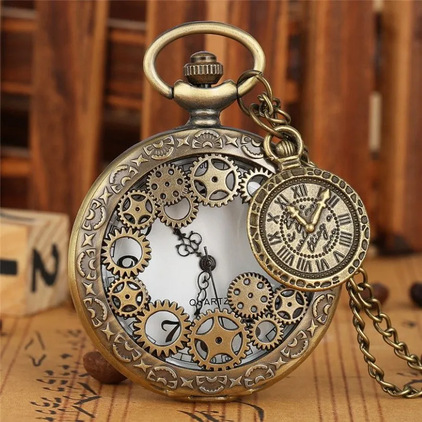 Vintage Bronze Hollow Out Gear Case Unisex Quartz Pocket Watch Antique Analog Clock Necklace Chain for Men Women Gift268A