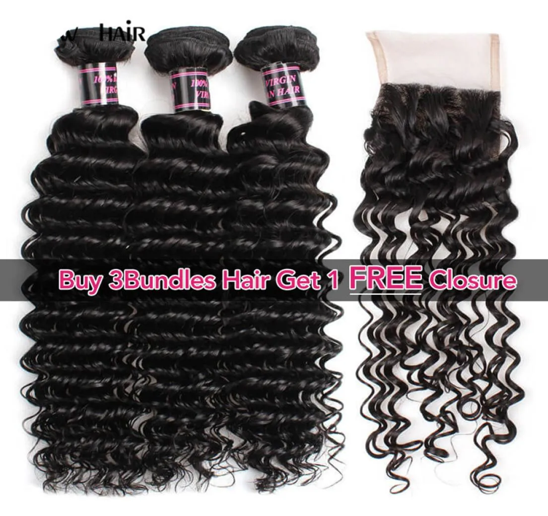 Brazilian Hair Extensions Indian Human Hair Bundles with Closure Curly Body Buy 3Bundles Get A Closure Straight Loose Wave Wa4157280