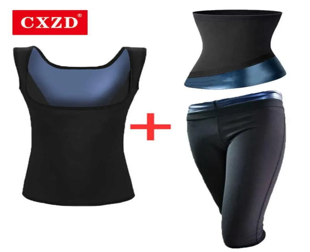 Cxzd suor sauna ternos para mulheres colete corpo shaper cintura trainer cinto de emagrecimento shapewear treino fitness espartilho calças queima de gordura5354178