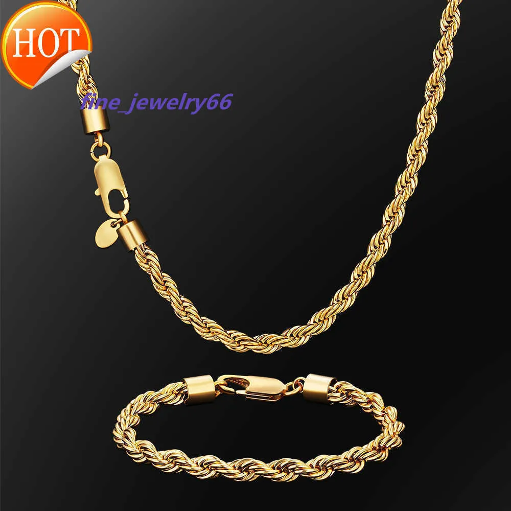 KRKC – collier Hip Hop en acier inoxydable 316L, Bracelet, chaînes en corde torsadée plaquée or véritable 18 carats