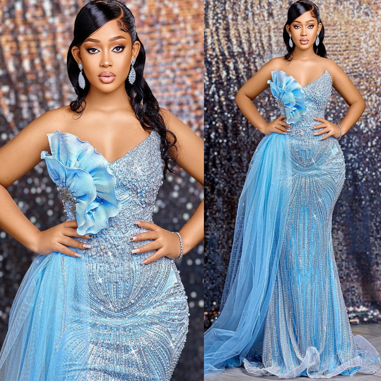 2024 ASO EBI Sky Blue Mermaid Prom Drees for Black Women Squined Evening Formal Party Second Reception 50th 생일 약혼 가운 드레스 Robe de Soiree ZJ172