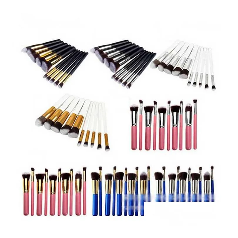 Makeup Brushes 10Pcs/Set Kabuki Makeup Brushes Professional Cosmetic Brush Kit Nylon Hair Wood Handle Eyeshadow Foundation Set 11 Drop Dhzgk