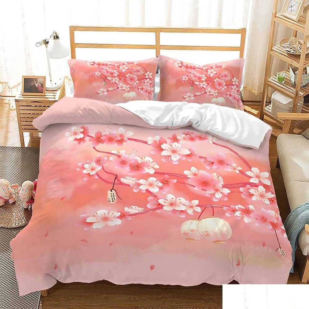 Sängkläder set körsbärsblommor duvet er kingqueen size japansk sakura träd rosa blommig vår vintage ctural uppsättning för droppleverans dhkji