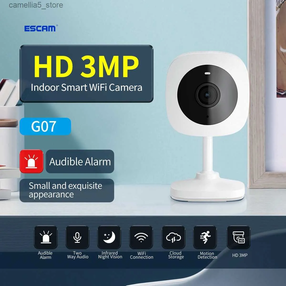 Babyfooncamera ESCAM G07 IP 3MP 1296P voor VicoHome-toepassing Draadloos WIFI AI Menselijke vormdetectie Huisveiligheid CCTV-intercom Q240308