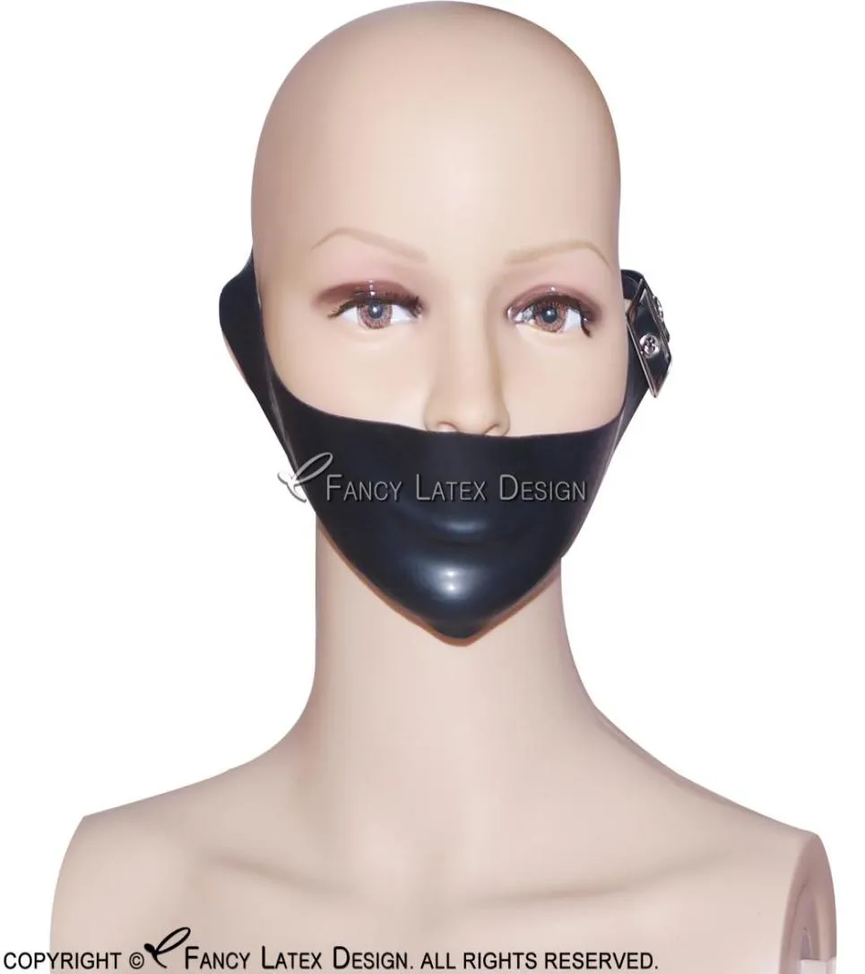 Masque buccal en Latex de Bondage Sexy noir, masques faciaux en caoutchouc, capuche protégée avec des boucles de ceinture, 00267653578