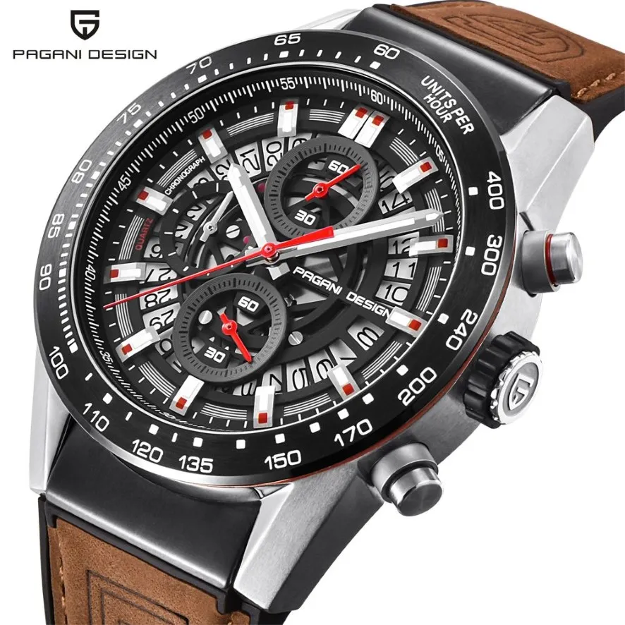 PAGANI DESIGN Fashion Skeleton Sport Chronograph Watch Leather Strap Quartz Mens Watches Top Brand Luxury Waterproof Clock2492