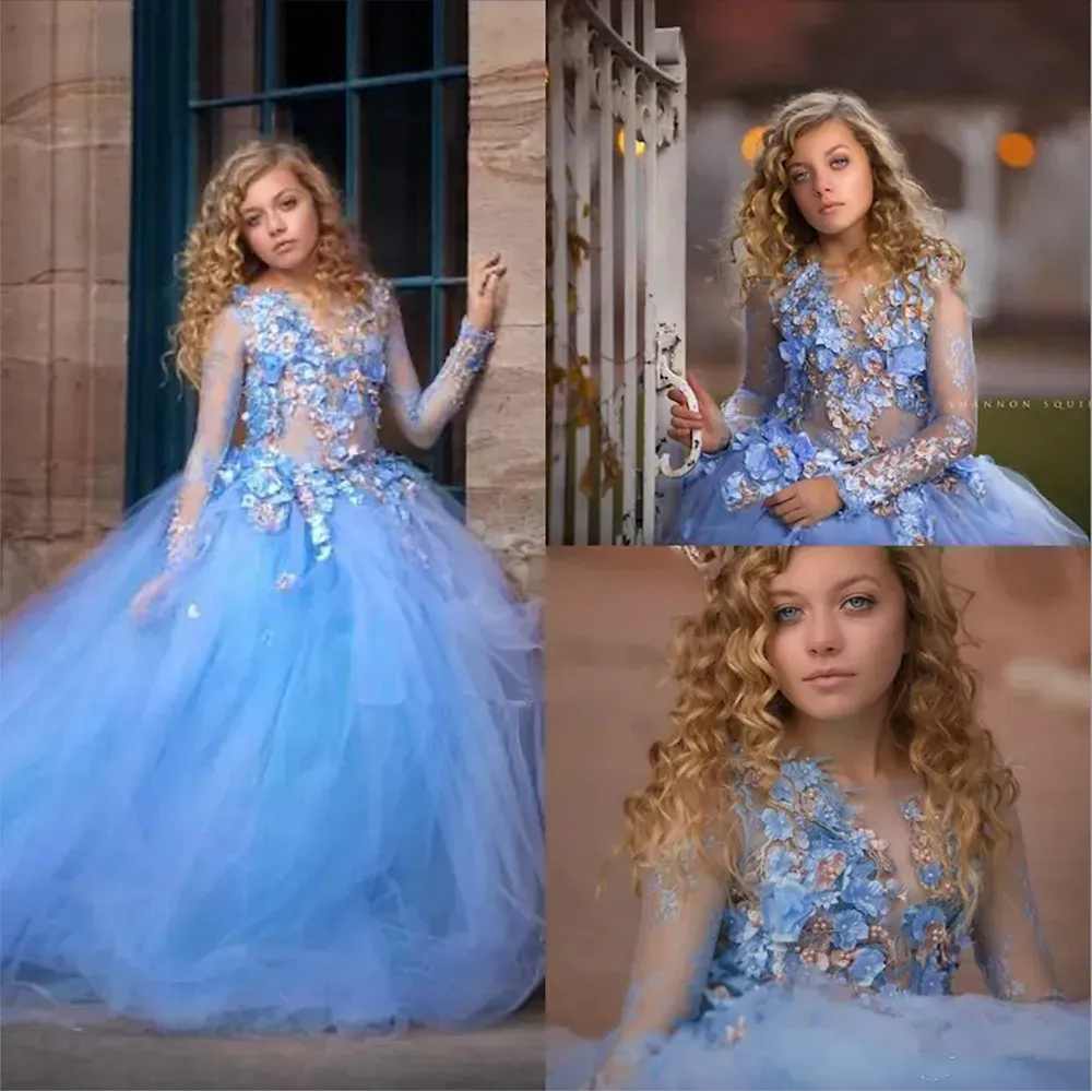 Blue Princess Flowers Mädchen Kleider für Hochzeit Langarm Applikationen Perlen Ballkleid Kinder Festzugskleider Erste heilige Kommunionkleid