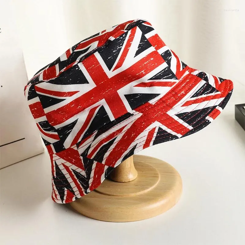 Berets Summer Flag Union Jack dwustronny kubełko kapelusz kobiety mężczyźni panama czapki na zewnątrz, szeroki brzeg słońca unisex hip hopa czapki