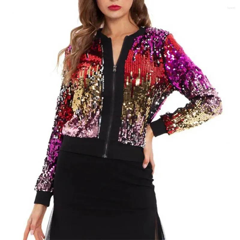 Kvinnorjackor Slim-Fit Women Jacket Sequin Gradient Color Cardigan Stylish V Neck For Long Sleeve Zipper Closure Coat Club