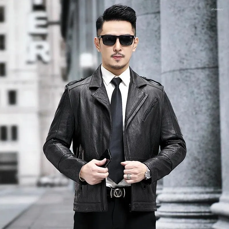 Men's Suits Lapel Sheepskin Jacket Retro Black Motorcycle Coat Male Nature Leather Trend Handsome Wear Plus Size Outerwear