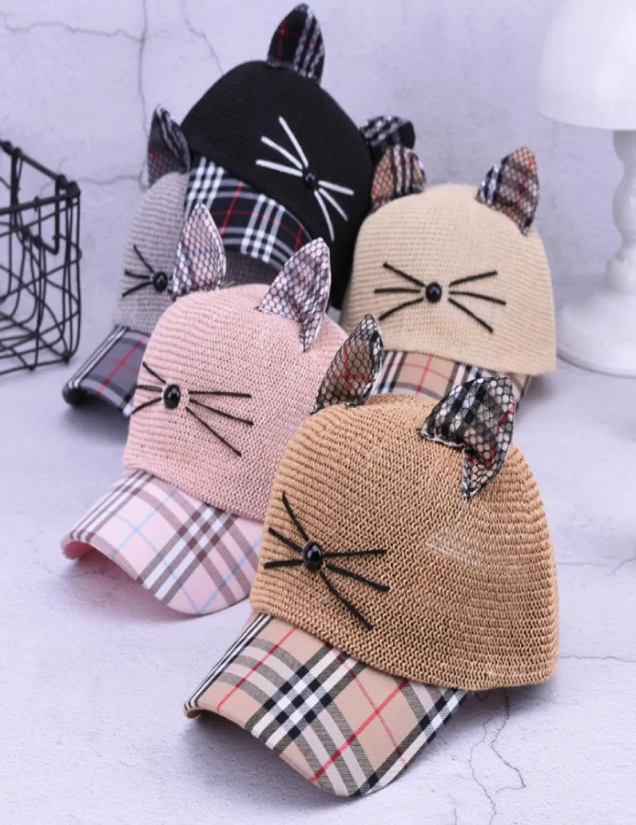 Summer children grass braid baseball cap fashion girls stereo car ears plaid ball hats mommy and me cartoon sunhat kids visor YA017806202