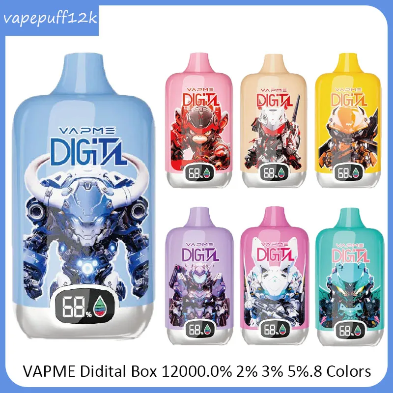 VAPME Digital 12000 Puffs 12K Vape desechable 850mAh Tipo-C Carga 20 ml con batería y pantalla Ejuice 8 sabores 0% 2% 5% Cigarrillos electrónicos