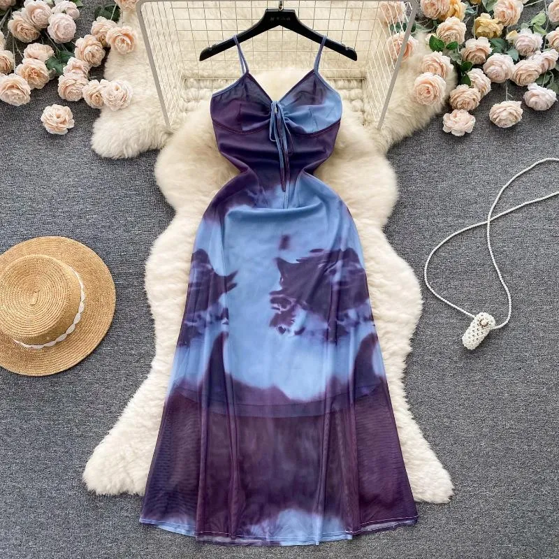 Casual Dresses Sexy Lace Up V-Ausschnitt Tie Dye Bedrucktes Mesh Langes Kleid Frauen Elegant Spaghettiträger Ärmellos Rückenfrei Slim A Line Strand