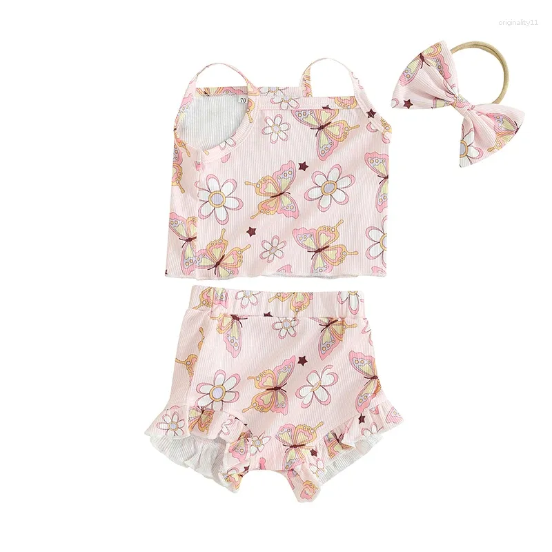 Kledingsets Infant Girl 3pcs Summer Outfit Shorts Set Butterfly Print Mouwloze Cami Top Floral Ruffle Headband