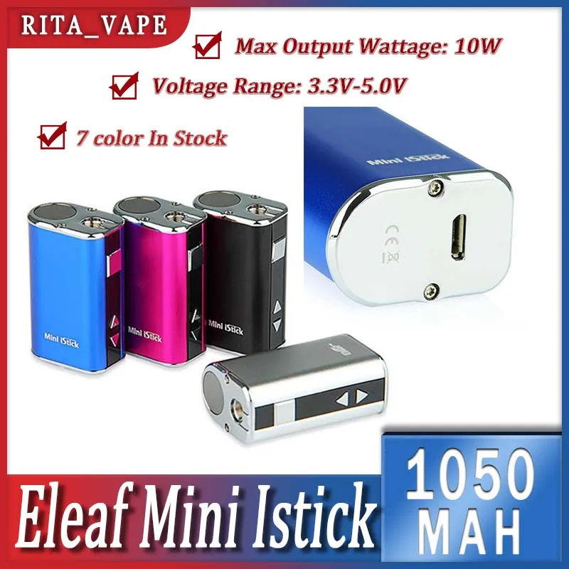 Eleaf Mini iStick 10W Kit de bateria embutido 1050mAh Caixa de tensão variável Mod com cabo USB Conector eGo incluído cozinheiro 7 cores em estoque