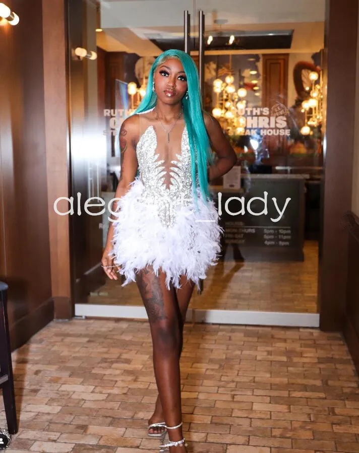 White Short Prom Homecoming Dress with Sparkly Diamond Crystal Embroidery  and Feather Details, Lace Satin A-Line Mini Gown from Dhgate Evening Dresses  - price 190.96