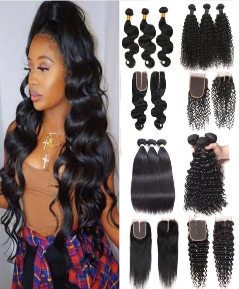 10A Brazilian Virgin Hair Bundles with 4x4 Lace Closures Straight Human Hair Weave 3 Bundles with Closure Kinky Deep Curly Water B6283714